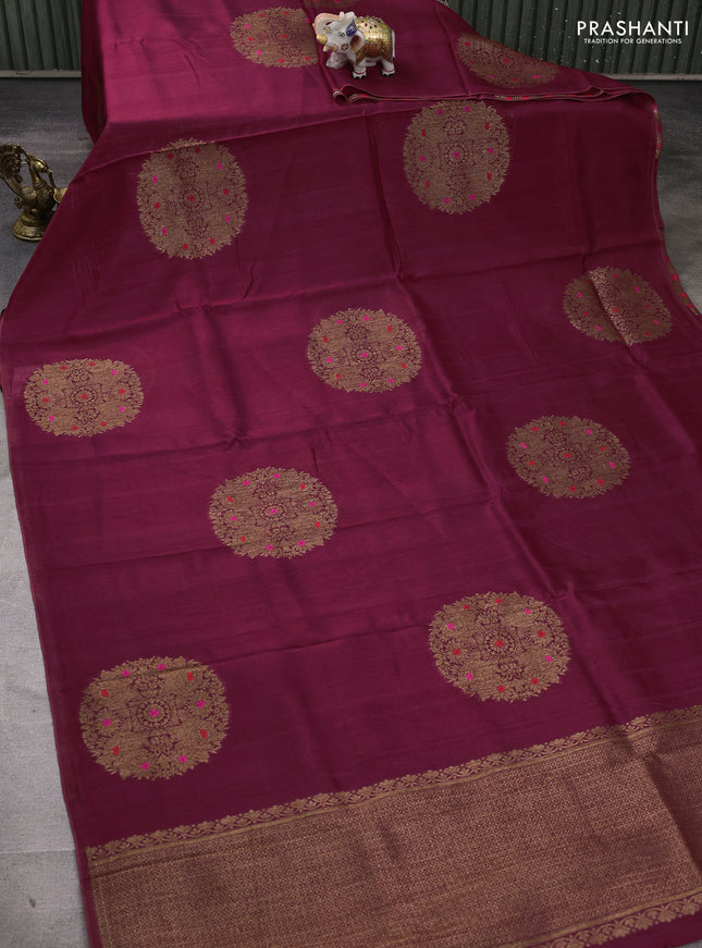 Banarasi semi tussar saree wine shade with thread & zari woven buttas in borderless style