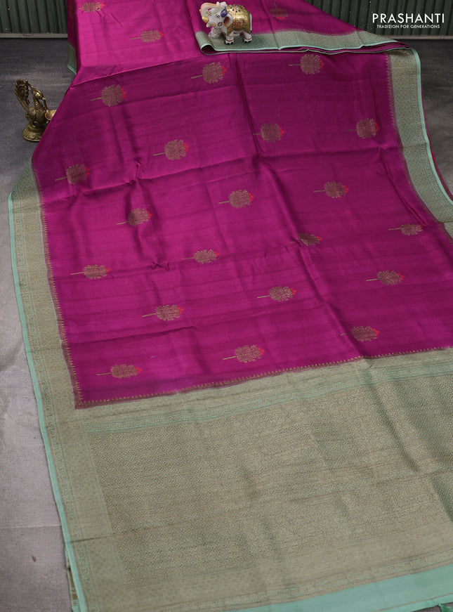 Banarasi semi tussar saree magenta pink and pastel green with thread & zari woven buttas and woven border