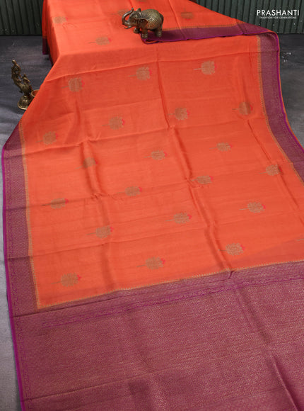 Banarasi semi tussar saree orange and purple with thread & zari woven buttas and woven border
