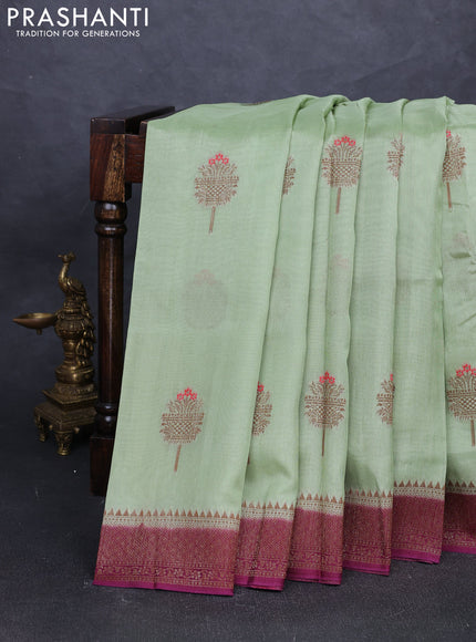 Banarasi semi tussar saree pista green and purple with thread & zari woven buttas and woven border