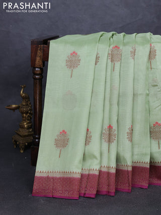 Banarasi semi tussar saree pista green and purple with thread & zari woven buttas and woven border