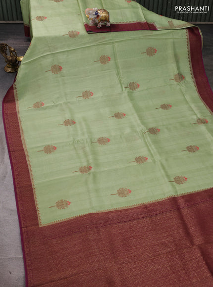 Banarasi semi tussar saree pista green and purple with thread & zari woven buttas and woven border
