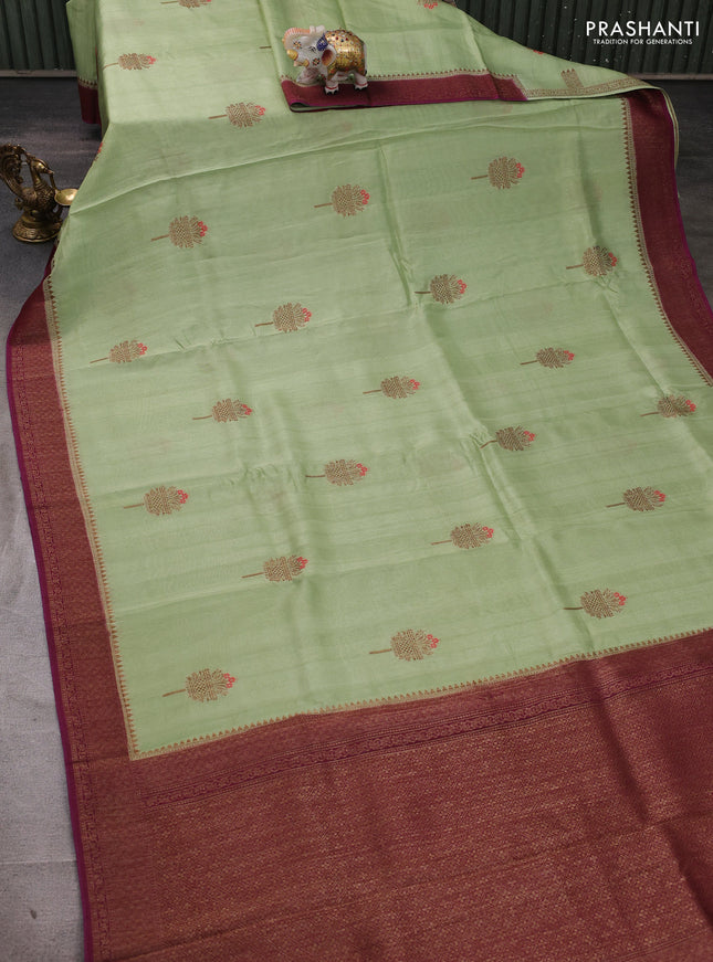 Banarasi semi tussar saree pista green and purple with thread & zari woven buttas and woven border
