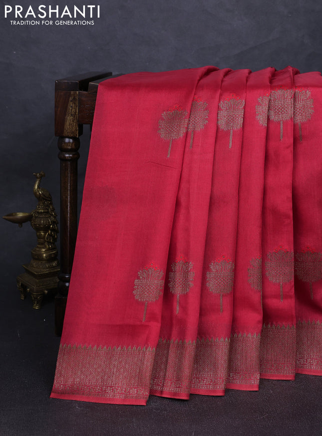 Banarasi semi tussar saree red with thread & zari woven buttas and woven border