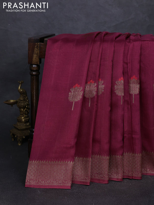 Banarasi semi tussar saree wine shade with thread & zari woven buttas and woven border