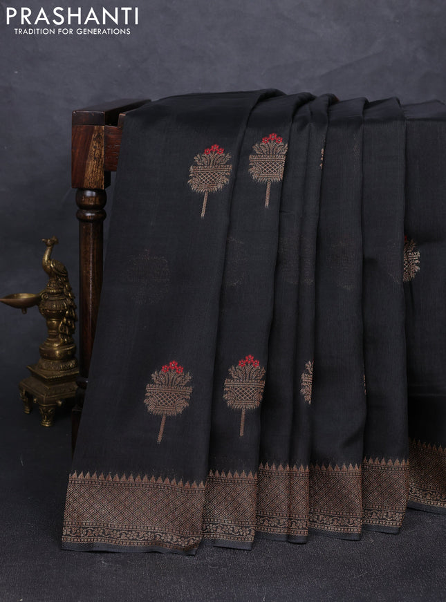 Banarasi semi tussar saree black with thread & zari woven buttas and woven border