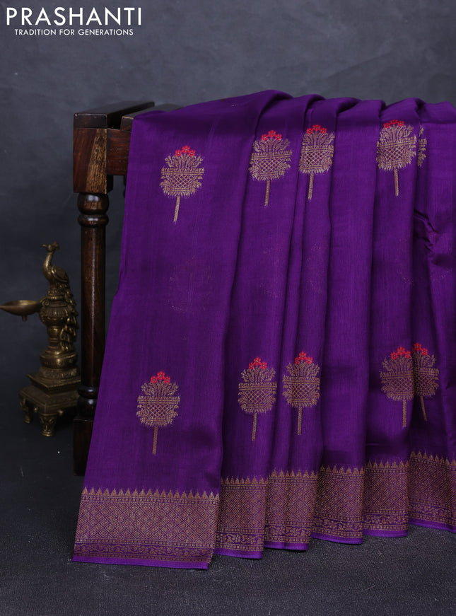 Banarasi semi tussar saree violet with thread & zari woven buttas and woven border