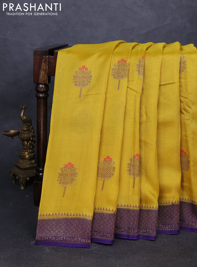 Banarasi semi tussar saree yellow and violet with thread & zari woven buttas and woven border