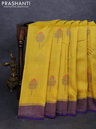 Banarasi semi tussar saree yellow and violet with thread & zari woven buttas and woven border
