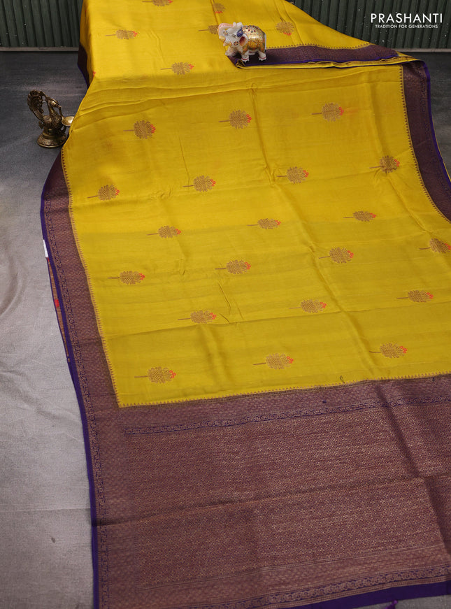 Banarasi semi tussar saree yellow and violet with thread & zari woven buttas and woven border