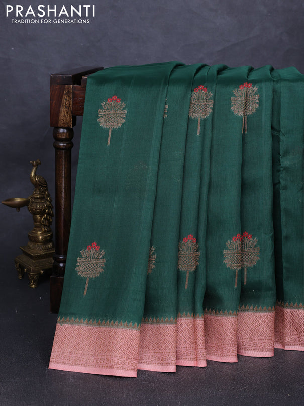 Banarasi semi tussar saree green and peach shade with thread & zari woven buttas and woven border