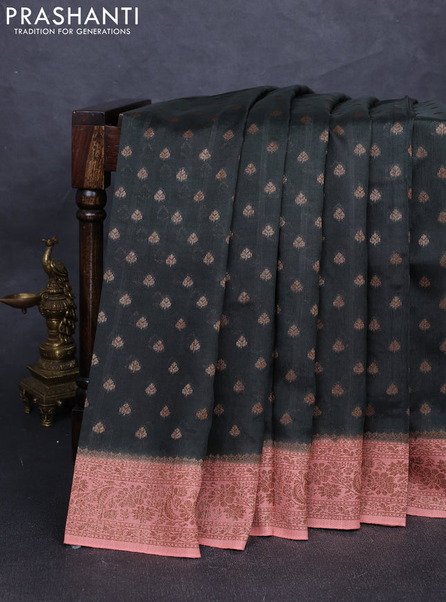 Banarasi semi tussar saree sap green and peach shade with allover thread & zari woven buttas and woven border