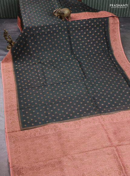 Banarasi semi tussar saree sap green and peach shade with allover thread & zari woven buttas and woven border