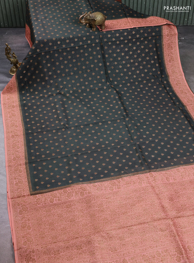 Banarasi semi tussar saree sap green and peach shade with allover thread & zari woven buttas and woven border