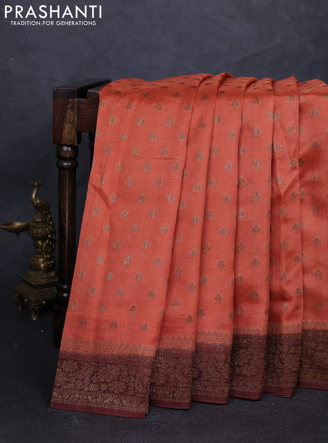 Banarasi semi tussar saree rust shade and brown with allover thread & zari woven buttas and woven border