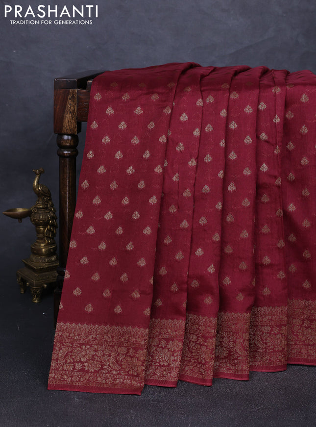Banarasi semi tussar saree wine shade with allover thread & zari woven buttas and woven border