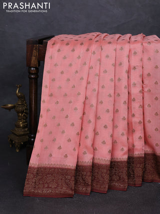 Banarasi semi tussar saree peach shade and brown with allover thread & zari woven buttas and woven border