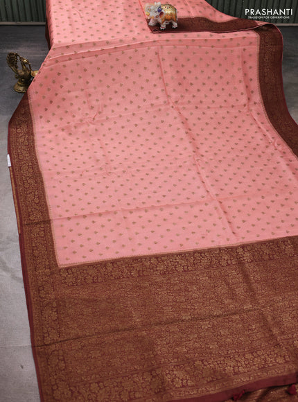 Banarasi semi tussar saree peach shade and brown with allover thread & zari woven buttas and woven border
