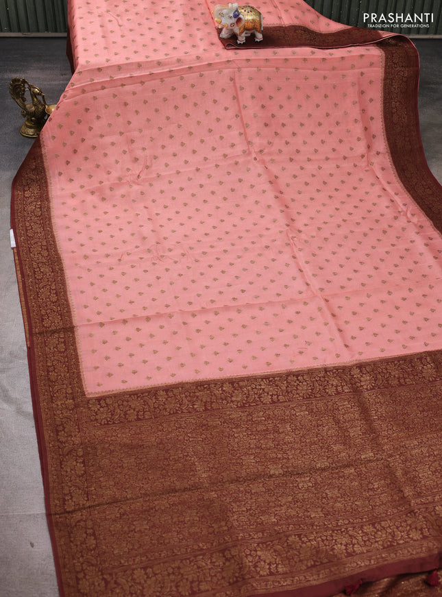 Banarasi semi tussar saree peach shade and brown with allover thread & zari woven buttas and woven border