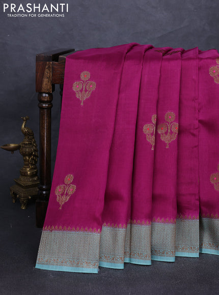 Banarasi semi tussar saree magenta pink and teal blue with thread & zari woven buttas and woven border