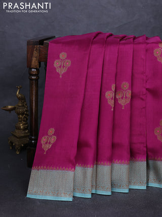 Banarasi semi tussar saree magenta pink and teal blue with thread & zari woven buttas and woven border