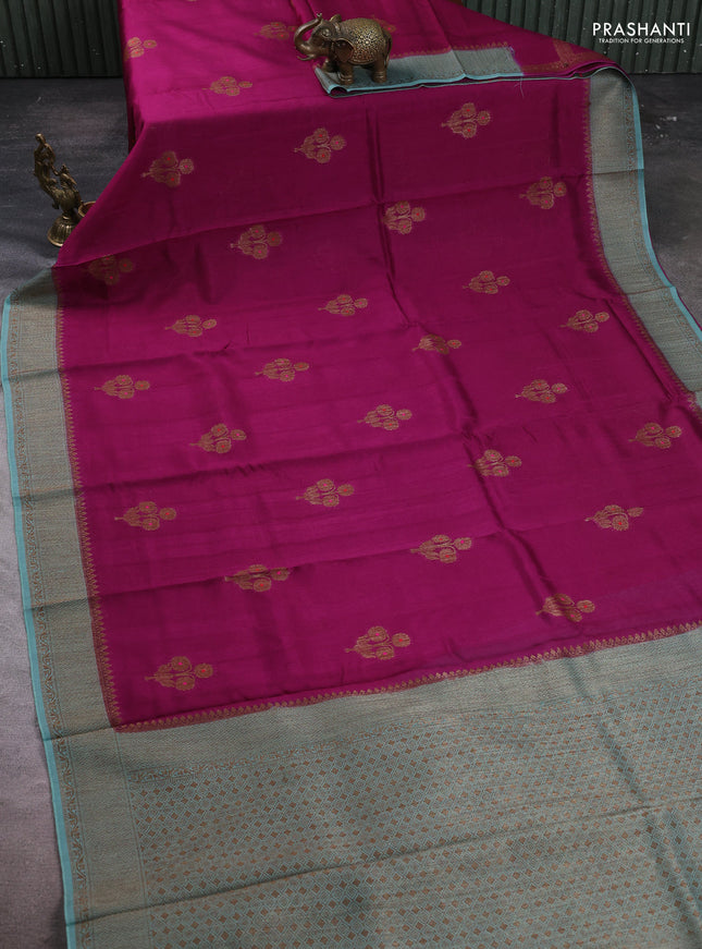 Banarasi semi tussar saree magenta pink and teal blue with thread & zari woven buttas and woven border