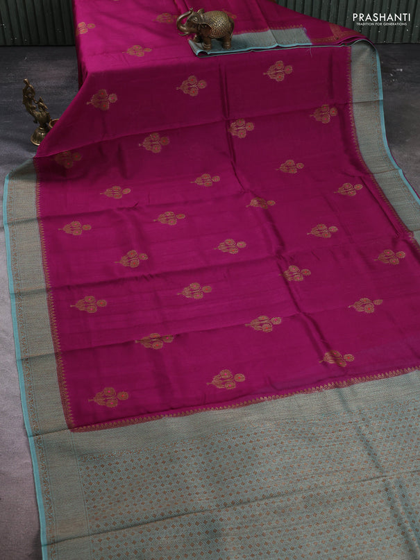 Banarasi semi tussar saree magenta pink and teal blue with thread & zari woven buttas and woven border