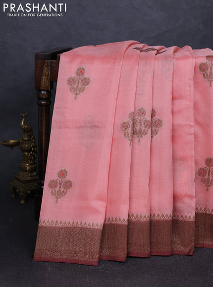 Banarasi semi tussar saree peach shade and brown with thread & zari woven buttas and woven border