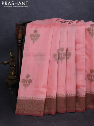 Banarasi semi tussar saree peach shade and brown with thread & zari woven buttas and woven border