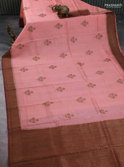 Banarasi semi tussar saree peach shade and brown with thread & zari woven buttas and woven border