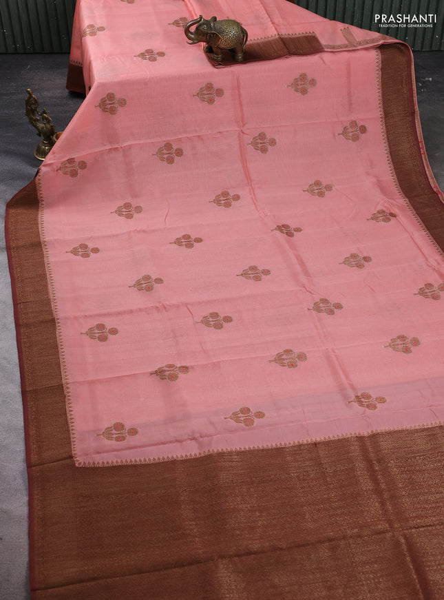 Banarasi semi tussar saree peach shade and brown with thread & zari woven buttas and woven border