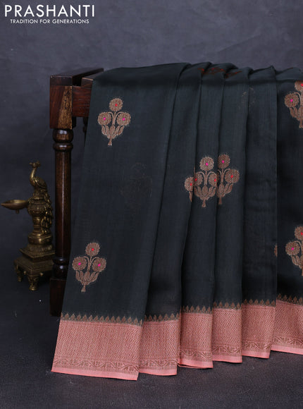 Banarasi semi tussar saree bottle green and peach shade with thread & zari woven buttas and woven border