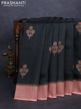 Banarasi semi tussar saree bottle green and peach shade with thread & zari woven buttas and woven border