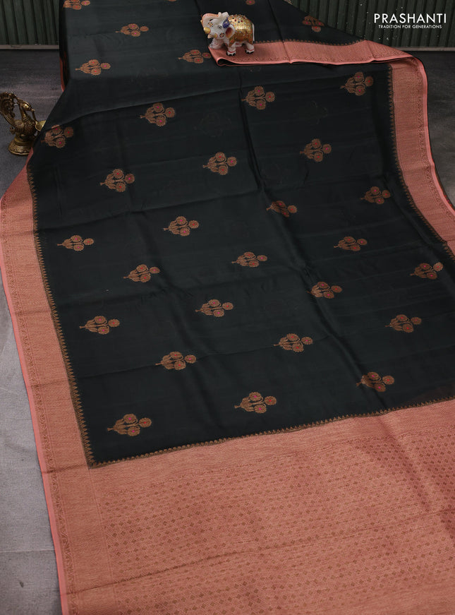 Banarasi semi tussar saree bottle green and peach shade with thread & zari woven buttas and woven border