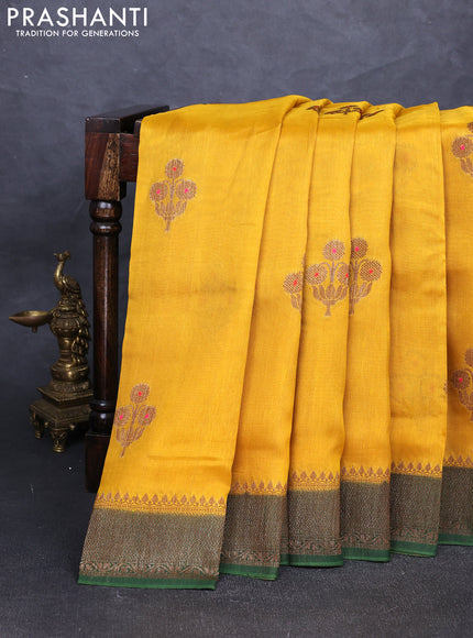 Banarasi semi tussar saree mustard yellow and green with thread & zari woven buttas and woven border