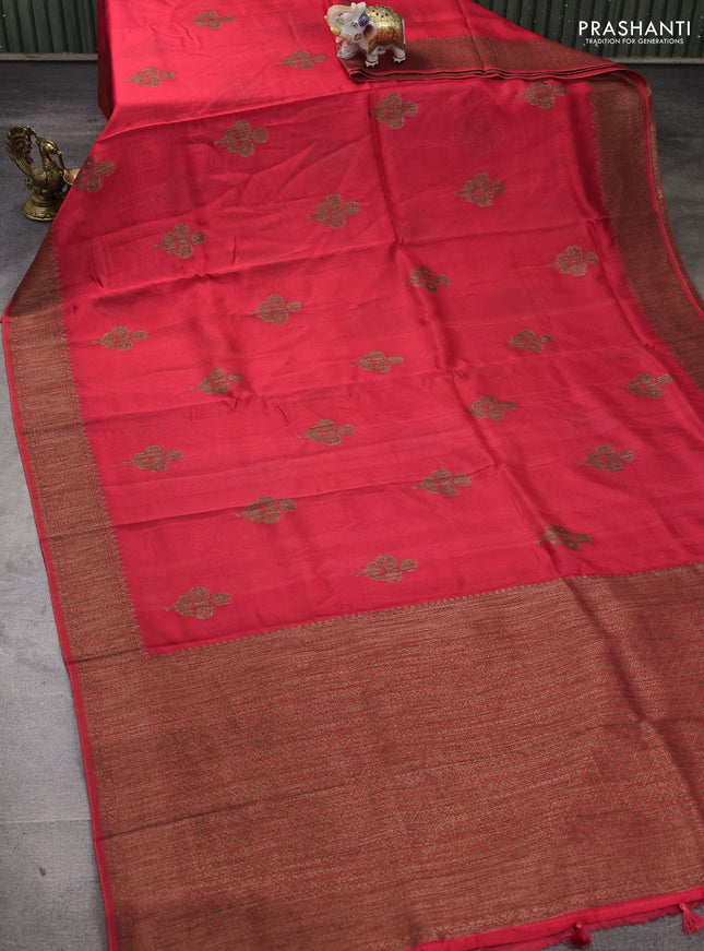 Banarasi semi tussar saree peach red with thread & zari woven buttas and woven border