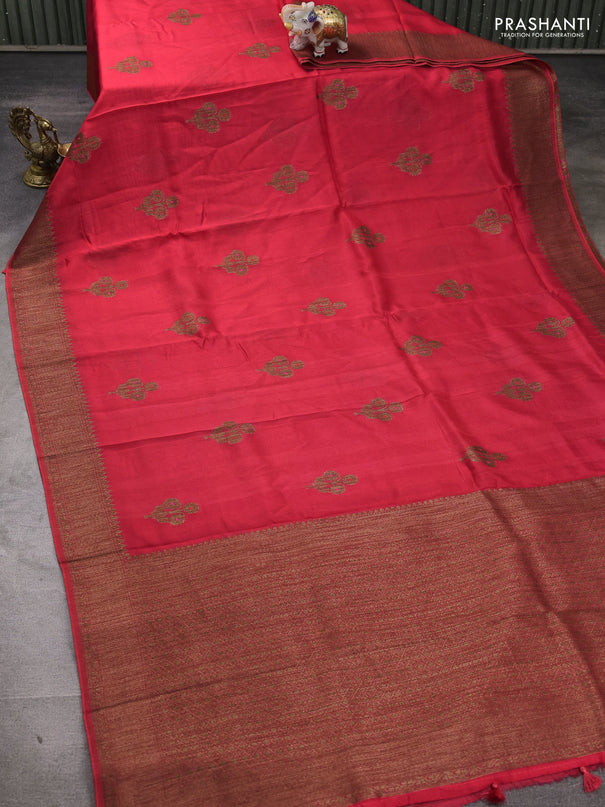 Banarasi semi tussar saree peach red with thread & zari woven buttas and woven border