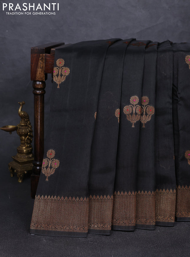 Banarasi semi tussar saree black with thread & zari woven buttas and woven border
