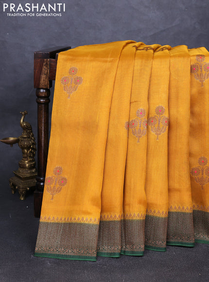 Banarasi semi tussar saree mustard yellow and green with thread & zari woven buttas and woven border