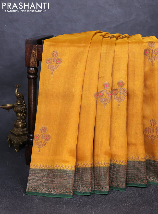 Banarasi semi tussar saree mustard yellow and green with thread & zari woven buttas and woven border