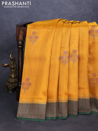 Banarasi semi tussar saree mustard yellow and green with thread & zari woven buttas and woven border