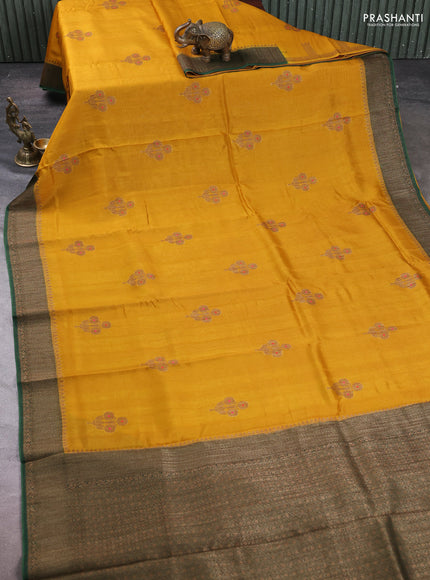 Banarasi semi tussar saree mustard yellow and green with thread & zari woven buttas and woven border
