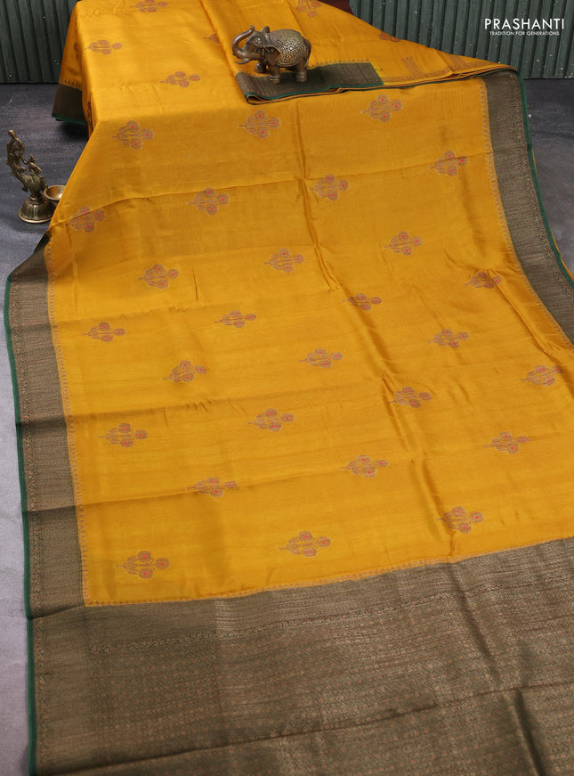 Banarasi semi tussar saree mustard yellow and green with thread & zari woven buttas and woven border