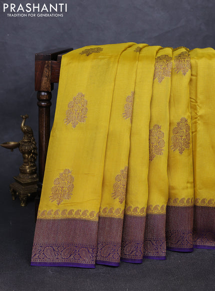 Banarasi semi tussar saree yellow and violet with thread & zari woven buttas and woven border