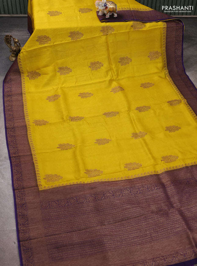 Banarasi semi tussar saree yellow and violet with thread & zari woven buttas and woven border