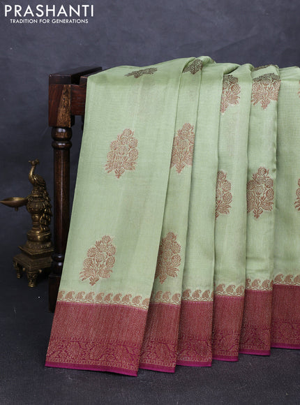 Banarasi semi tussar saree pista green and wine shade with thread & zari woven buttas and woven border