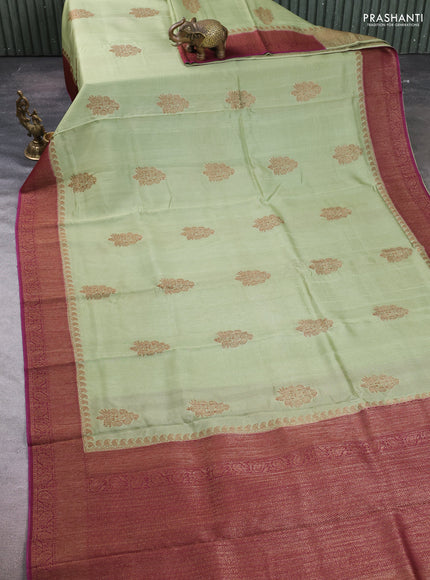 Banarasi semi tussar saree pista green and wine shade with thread & zari woven buttas and woven border