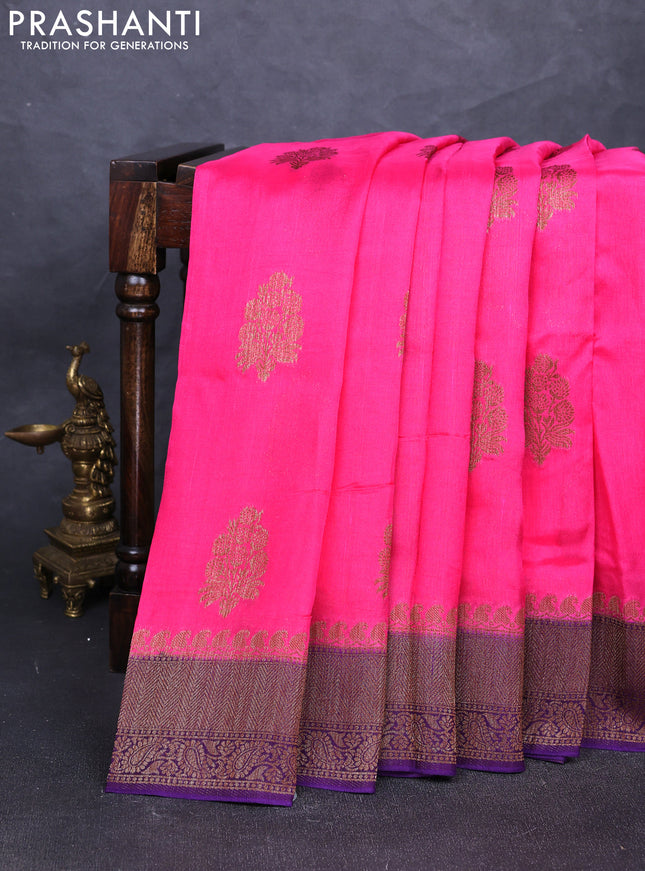 Banarasi semi tussar saree candy pink and violet with thread & zari woven buttas and woven border