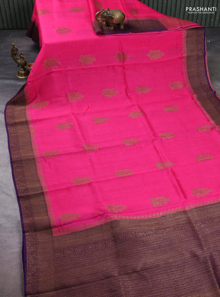 Banarasi semi tussar saree candy pink and violet with thread & zari woven buttas and woven border