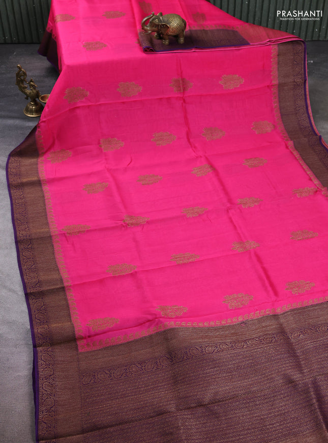 Banarasi semi tussar saree candy pink and violet with thread & zari woven buttas and woven border